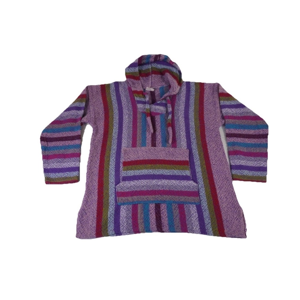 Womens Baja Hoodie Multi Striped Mexican Jerga Pullover kangaroo Pocket Hippie